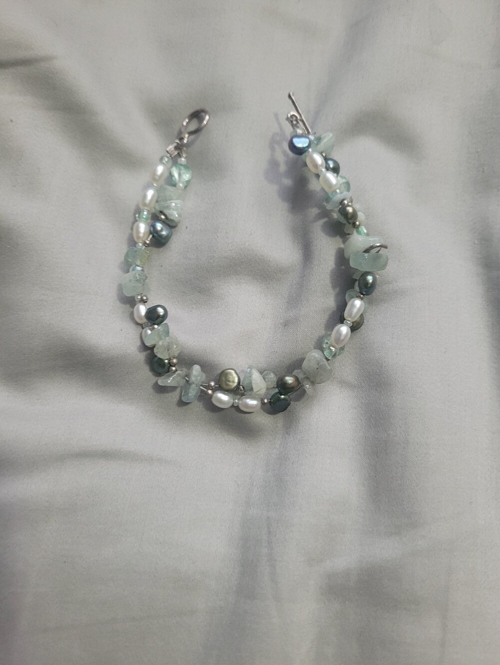 Handmade Pale Aqua Gemstone & Pearl Bracelet - Unbranded